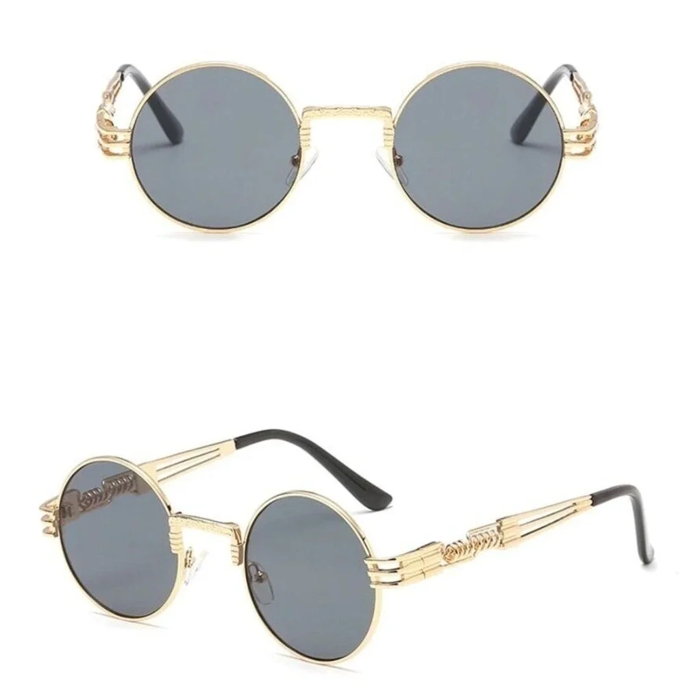 Men Round Steampunk Sunglasses Gold Frame Designer Fashion Sun‎ Glasses Rapper